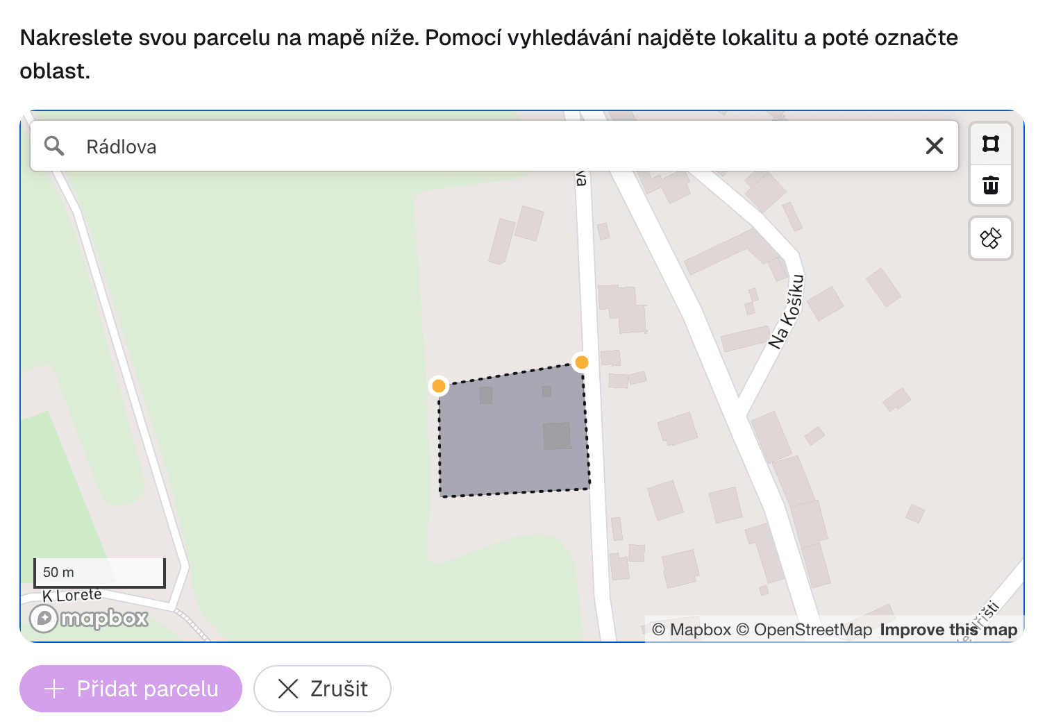 Editor pro ruční zákres hranic pozemku přímo do mapy